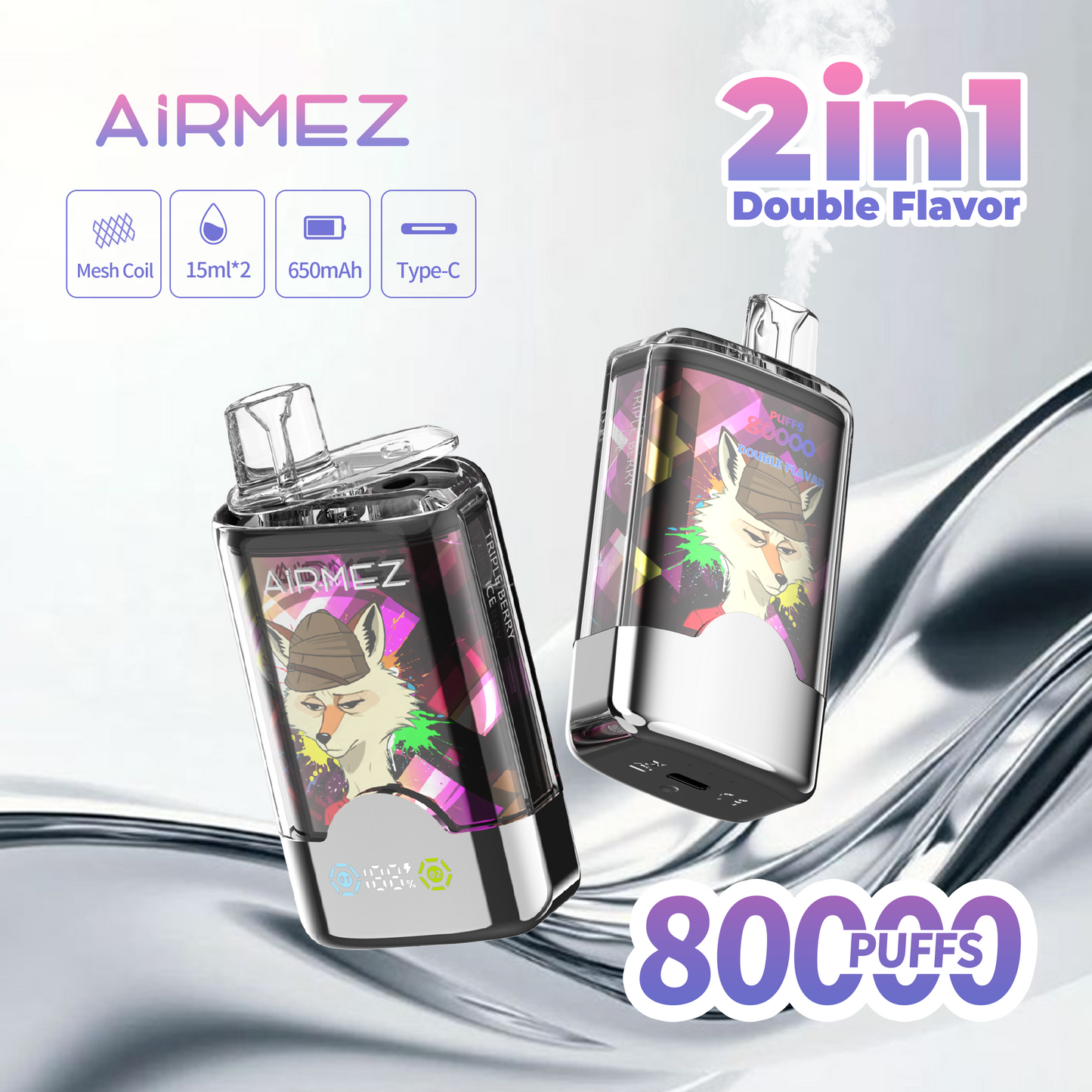 AiRMEZ Fox 80000 80K Puffs Einweg Kit 30ml (Dual Flavor) - 💥 Nehme 5 Zahle NUR 4! + Ab einem Einkauf von 100€ 2 Mystery Gratis💥