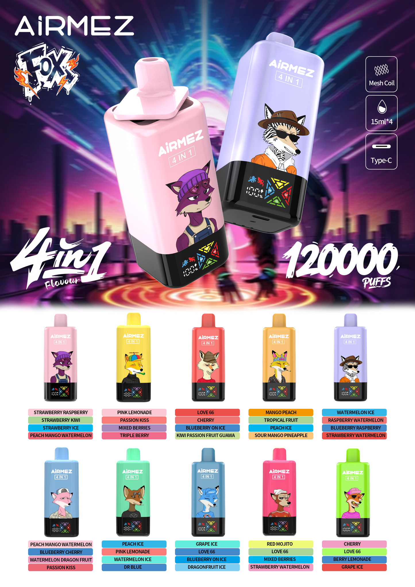 AiRMEZ Fox 4in1 120K 60ml Einweg Kit (120000 Puffs) - 💥 Nehme 5 Zahle NUR 4! + Ab einem Einkauf von 100€ 2 Mystery Gratis💥