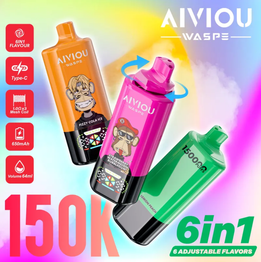 WASPE Aiviou 150K 150000 Puffs 6in1 Wiederaufladbares Einweg Kit - 💥 Nehme 5 Zahle NUR 4! + Ab einem Einkauf von 100€ 2 Mystery Gratis💥