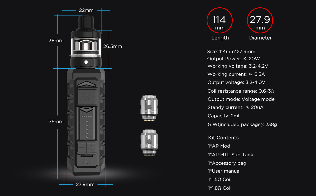 Vandy Vape AP Kit Mit AP MTL Sub Verdampfer - 900mAh & 2ml