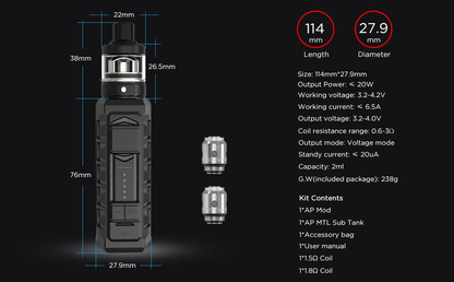 Vandy Vape AP Kit Mit AP MTL Sub Verdampfer - 900mAh & 2ml